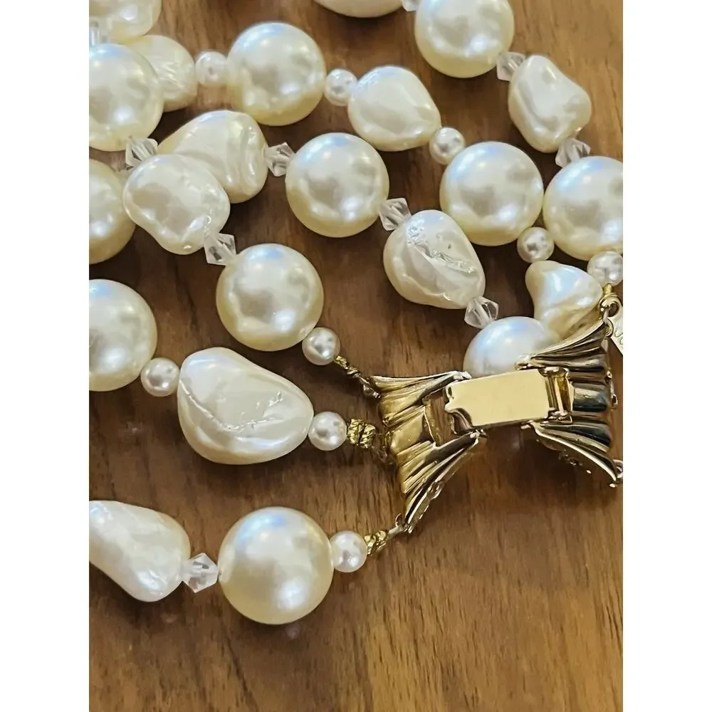 Vintage Karla Jordan Bracelet Beaded Faux Pearl Signed Statement 6.75” Gold Tone